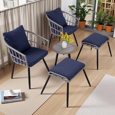 5-Piece Outdoor Wicker Bistro Chairs Set with 2 Armchair, 2 Ottoman, and Coffee Table