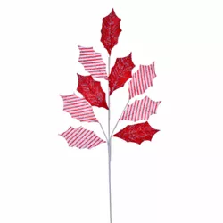 Vickerman 25" Artificial Red and White Striped Holly Leaf Christmas Stem, 5 per bag
