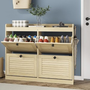 Large Rattan Shoe Cabinet with 4 Flip Drawers, Narrow Freestanding Shoe Organizer with Wooden Legs - 1 of 4