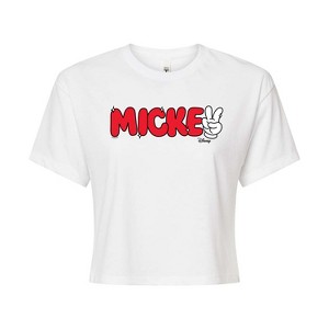 Women's - Disney - Mickey Red Hand Peace Sign Cropped Graphic T-Shirt - 1 of 4
