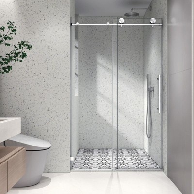 PexFix 76 in.x 48 in. Frameless Single Sliding Shower Door 8mm Tempered Glass With Adjustable Soft Closing Design for Spa Bathroom Brushed Nickel