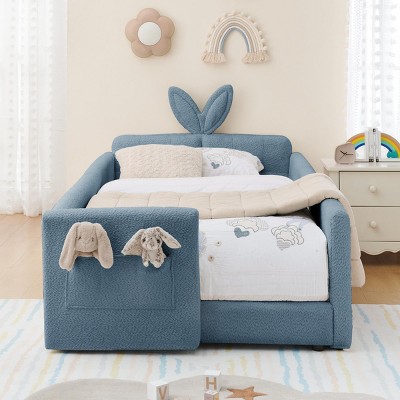 INFURNIC Beds Twin Size Upholstered Platform Bed with Cute Rabbit Ear Headboard and Safety Rail, Blue, 80"*45"*20.5"