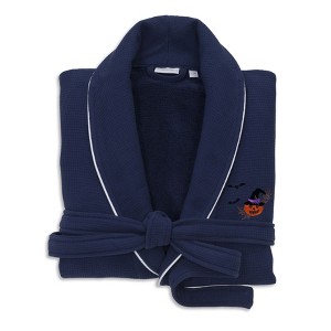 Linum Home Textiles Hotel Collection 100% Turkish Cotton Unisex Waffle Terry Embroidered Bathrobe with Satin Piped Trim - Pumpkin Head - 1 of 3