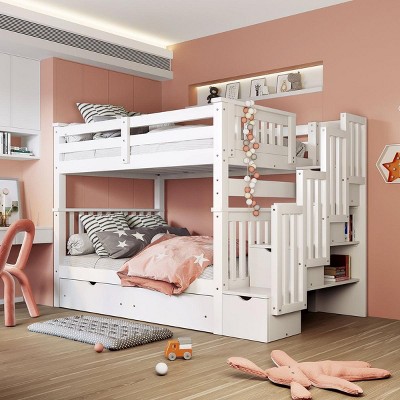 Streamdale Full Over Full Bunk Bed with Shelves and 6 Storage Drawers, White