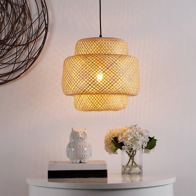 Klara Coastal-Chic Black LED Drum Pendant with Natural Rattan Shade