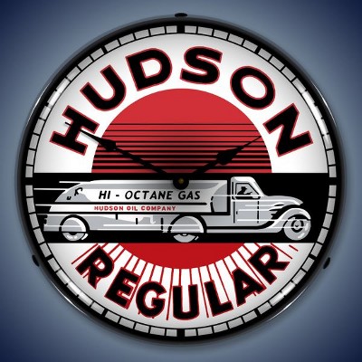 Collectable Sign & Clock | Hudson Gas LED Wall Clock Retro/Vintage, Lighted - Great For Garage, Bar, Mancave, Gym, Office etc 14 Inches