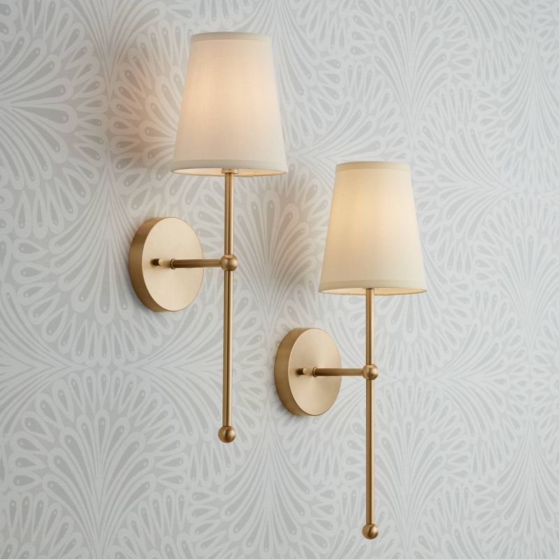 Possini Euro Design Modern Wall Light Sconces Set of 2 Warm Brass Hardwired 6" Cream Linen Shade for Bedroom House Living Room, 2 of 9