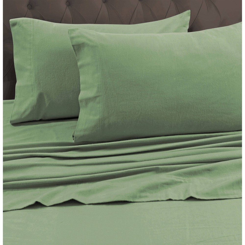 Photos - Bed Linen King Heavyweight Flannel Solid Fitted Sheet Green - Tribeca Living
