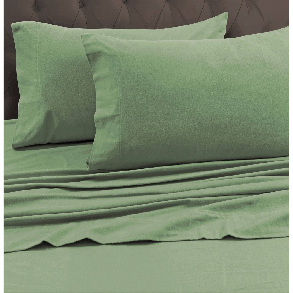 Tribeca Living California King Heavyweight Flannel Solid Fitted Sheet Green: 100% Cotton, Deep Pocket, Machine Washable