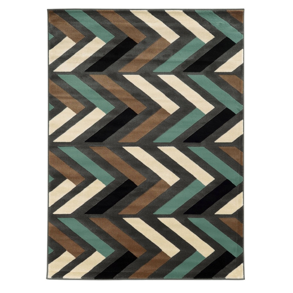 Linon 5'3"x7' Roma Herringbone Area Rug Gray/Turquoise: Stain-Resistant, Low Pile, Indoor, Polypropylene