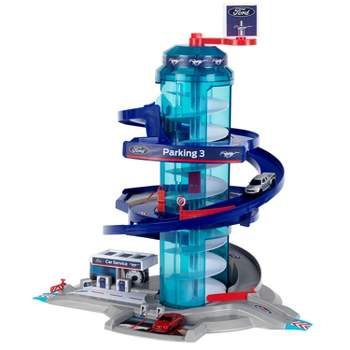 Theo Klein Ford Car Service Helix Shaped Multi Story Parking Garage Pretend Play Toy Playset with 2 Toy Cars for Kids 3 and Up