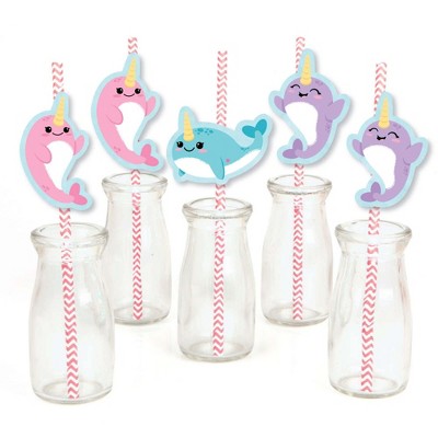 Big Dot of Happiness Narwhal Girl - Paper Straw Decor - Under The Sea Baby Shower or Birthday Party Striped Decorative Straws - Set of 24