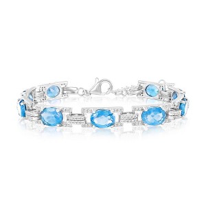 Simona Sterling Silver, Oval & White Topaz Link Bracelet - Swiss Blue Topaz (11.36cttw) - Blue - 6.5+1 Inch - 1 of 2