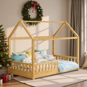 AMERLIFE Twin Size House Bed for Kids with Guardrails, Removable Rails, Playhouse Roof, Montessori Wooden Floor Bed Frame, Easy Assembly - 1 of 4