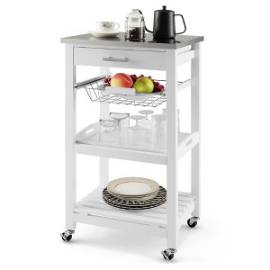 Costway Compact Kitchen Island Cart Rolling Service Trolley with Stainless Steel Top Basket - 1 of 4