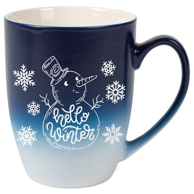 Elanze Designs Hello Winter Two Toned Ombre Matte Navy Blue and White 12 ounce Ceramic Stoneware Coffee Cup Mug