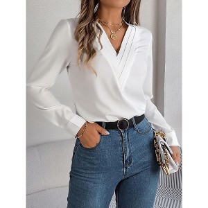 Womens Tops Casual Pleated V Neck Puff Long Sleeve T Shirts Loose Tunic Business Blouse - 1 of 4