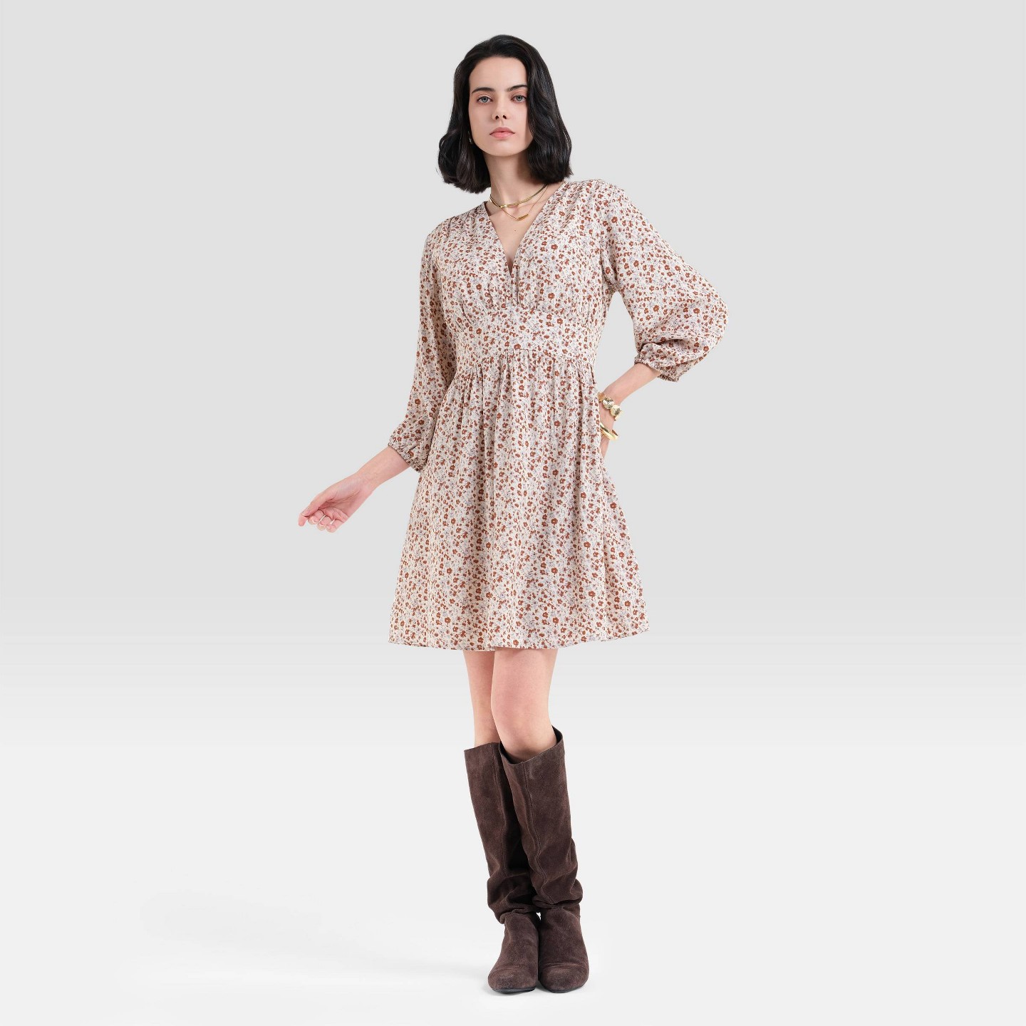 Женское платье Universal Thread Bishop 3/4 Sleeve Mini Babydoll, цвет: Бежевый — фото 1