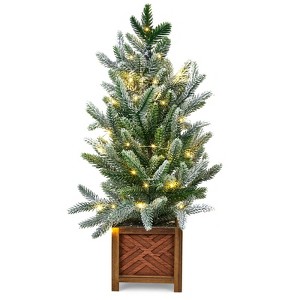 24" Pre Lit Artificial Mini Christmas Tree, Tabletop Snow Flocked Xmas Tree in Wood Pot for Table Centerpiece Office Dorm Desk Decorations - 1 of 4