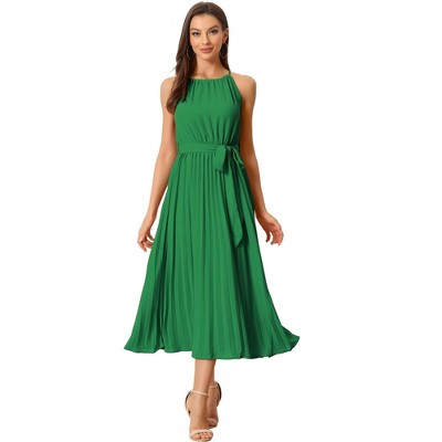 Allegra K Women's Sleeveless Halter Neck Belted A-Line Cocktail Pleated Maxi Sundresses