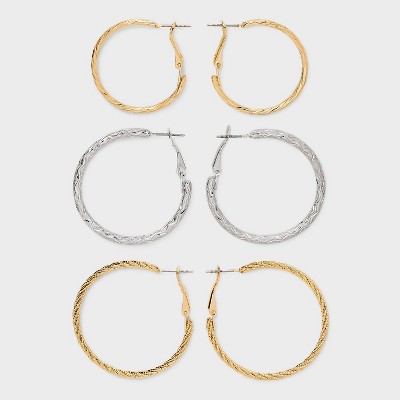 Etched Hoop Earring Set 3pc - Wild Fable™ Silver/Gold