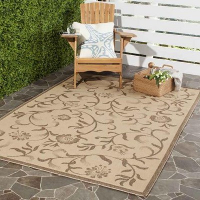 Cream and Brown Floral Rectangular Washable Rug