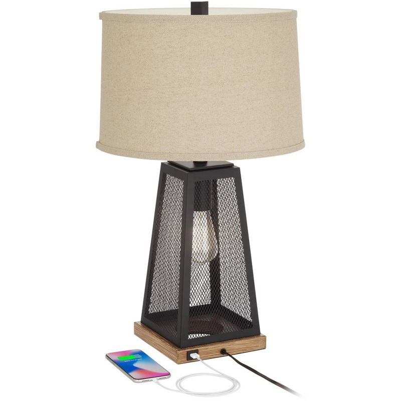 Franklin Iron Works Rustic Table Lamp 26 3/4" High with USB Port LED Night Light Dimmer Bronze Metal Mesh Burlap Shade for Bedroom Living Room House, 3 of 10