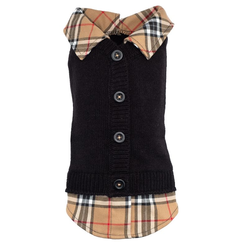 The Worthy Dog Plaid Layered-Look Two-fer Pet Pullover Black Cardigan Sweater, 1 of 4