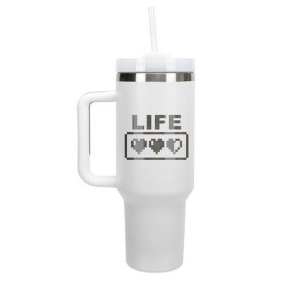 100 North Life Hearts Video Games Wrap-Around 40 Oz. Stainless Steel Water Bottle Coffee Mug, Spill & Leak Resistant, Travel Tumbler with Handle, Lid