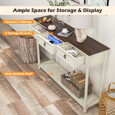 52" Cream and Brown Wood Console Table with Storage Drawers