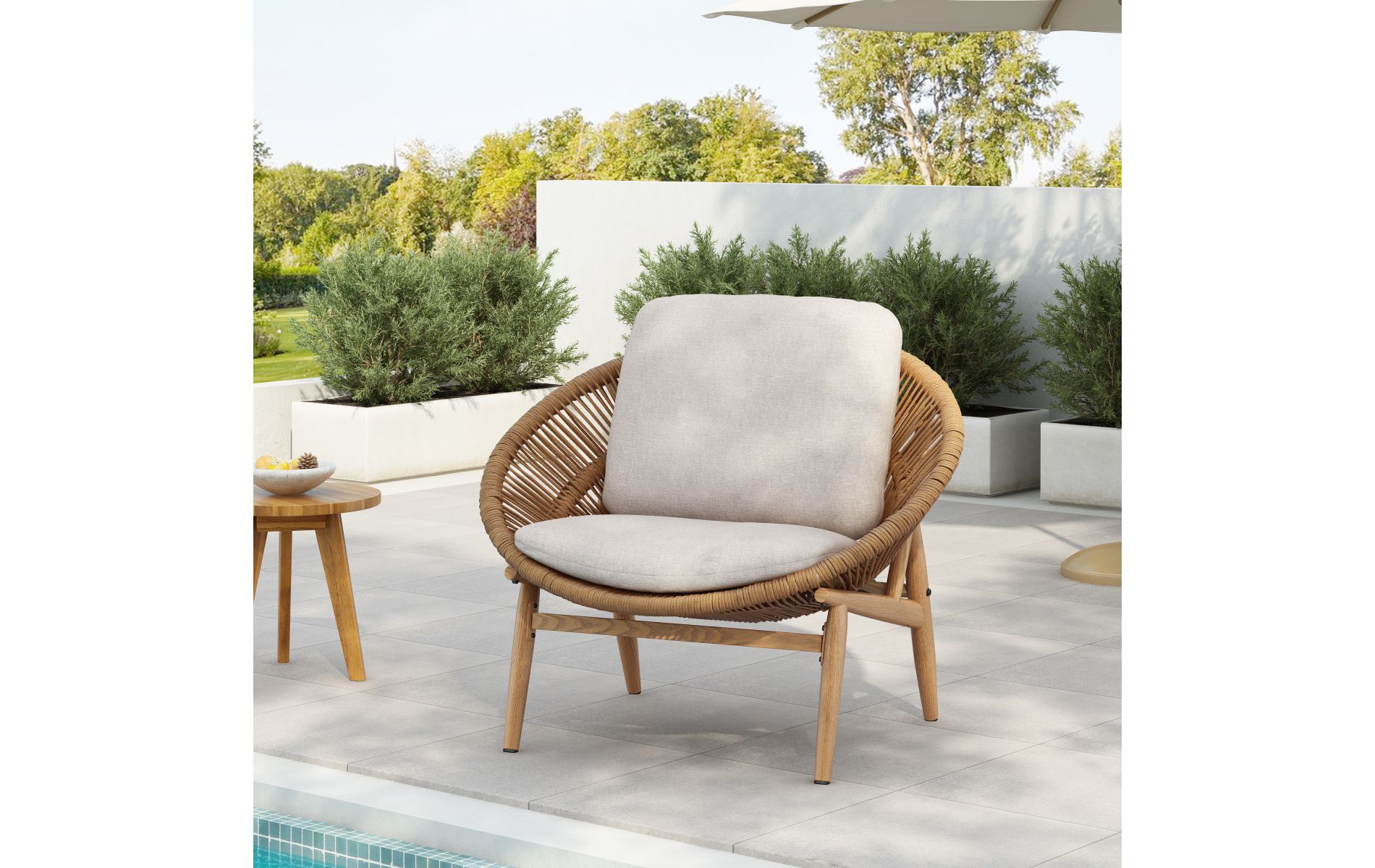 PE Rattan Boho Outdoor Lounge Chair with Deep Seating Beige Cushion, 32" UV Resistant Patio Chair-3irtyhousy