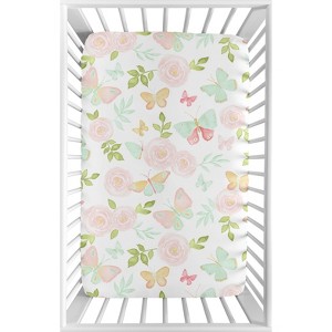Sweet Jojo Designs Girl Baby Fitted Mini Crib Sheet Butterfly Floral Pink Green and White - 1 of 4