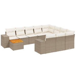vidaXL 11 Piece Patio Sofa Set with Cushions Beige Poly Rattan - Beige and Cream Table + 6x Middle + 2x Corner - 1 of 4