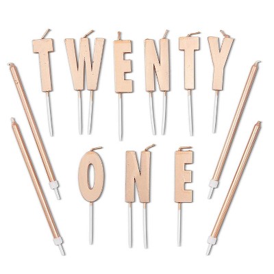 Blue Panda 33-Count Rose Gold "Twenty One" Cake Topper Letters and 5" Birthday Candles for 21th Birthday Party