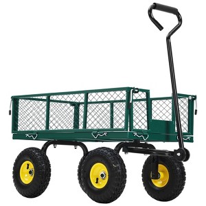 Heavy-duty steel garden cart, 550 lbs capacity, with 10-inch wheels, 180° swivel handle and removable sides for outdoor use, farm, yard, beach - 1 of 4
