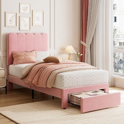Twin Bed Frame with Drawer, White Velvet Upholstered Platform Bed with Wave Headboard for Kids/Girls, Wooden Slats Support, No Box Spring Needed