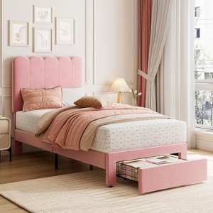 Twin Bed Frame with Drawer, White Velvet Upholstered Platform Bed with Wave Headboard for Kids/Girls, Wooden Slats Support, No Box Spring Needed - 1 of 1