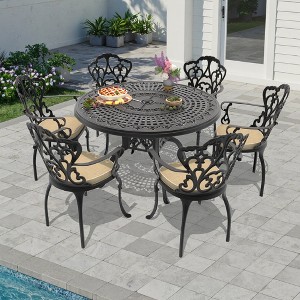7-Piece Cast Aluminum Outdoor Dining Set with Beige Cushions, Round Table & Ergonomic Chairs - for Patio, Backyard - 1 of 4