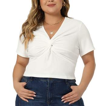 Agnes Orinda Women's Plus Size Twist Front V Neck Ribbed Short Sleeve Slim Fit Casual Solid Blouses