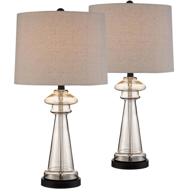 360 Lighting Traditional Table Lamps 27" Tall Set of 2 Clear Champagne Glass Taupe Drum Shade for Bedroom Living Room House Bedside Nightstand Office, 1 of 5