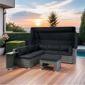 7-Piece Patio Furniture Set with Retractable Canopy, Wicker Rattan Conversation Set with Washable Cushions Gray+Black 4M - ModernLuxe - 1 of 4