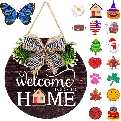 Interchangeable Welcome Sign with Round Wood Wreath - Farmhouse Seasonal Decor for Front Door & Porch, Ideal for Holidays & Housewarming