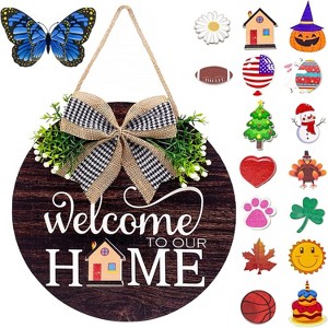 Interchangeable Welcome Sign with Round Wood Wreath - Farmhouse Seasonal Decor for Front Door & Porch, Ideal for Holidays & Housewarming - 1 of 4