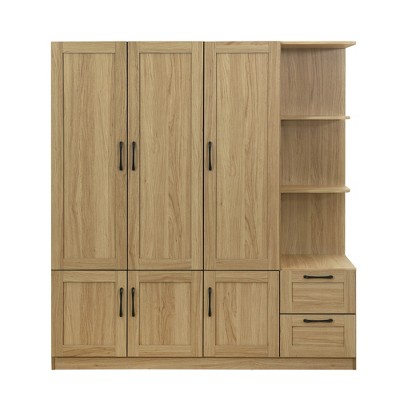 TIRAMISUBEST 3 Door Wooden Storage Wardrobe for Dedroom with Shelves and 2 Drawers - Mobile Lateral Filing Cabinet, Locking Wheels, Adjustab