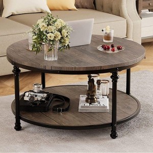 Round Coffee Table for Living Room Rustic Center Table with Storage Shelf Wood Circle Coffee Table with Sturdy Metal Legs - 1 of 4
