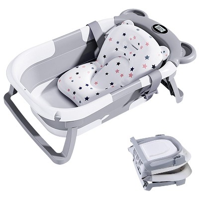 Image of BabyBond Collapsible Baby Bathtub for Infants and Toddlers with Thermometer& 1 Soft Floating Cushion Portable Travel Baby Tub,Gray