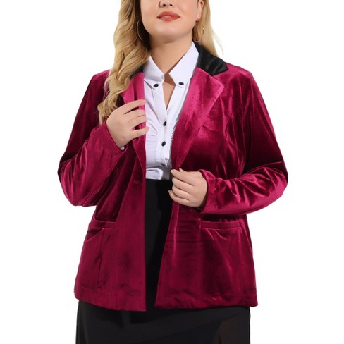 Agnes Orinda Women's Plus Size Winter Velvet Blazer Button Lapel Work  Jacket Burgundy 4X