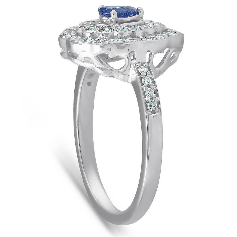Pompeii3 3/4 Ct Pear Shape Blue Sapphire & Diamond Halo Vintage Fashion Ring White Gold, 3 of 5