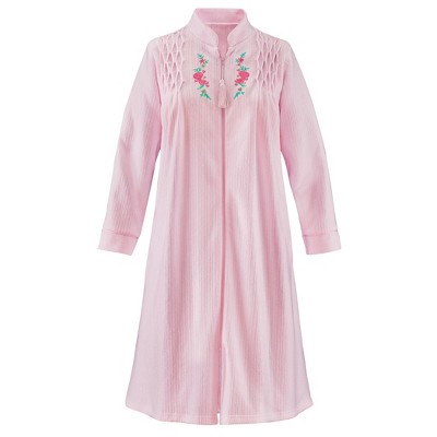 Collections Etc Smocked Embroidered Floral Zip-Front Long Sleeve Robe