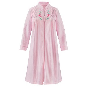 Collections Etc Smocked Embroidered Floral Zip-Front Long Sleeve Robe - 1 of 4